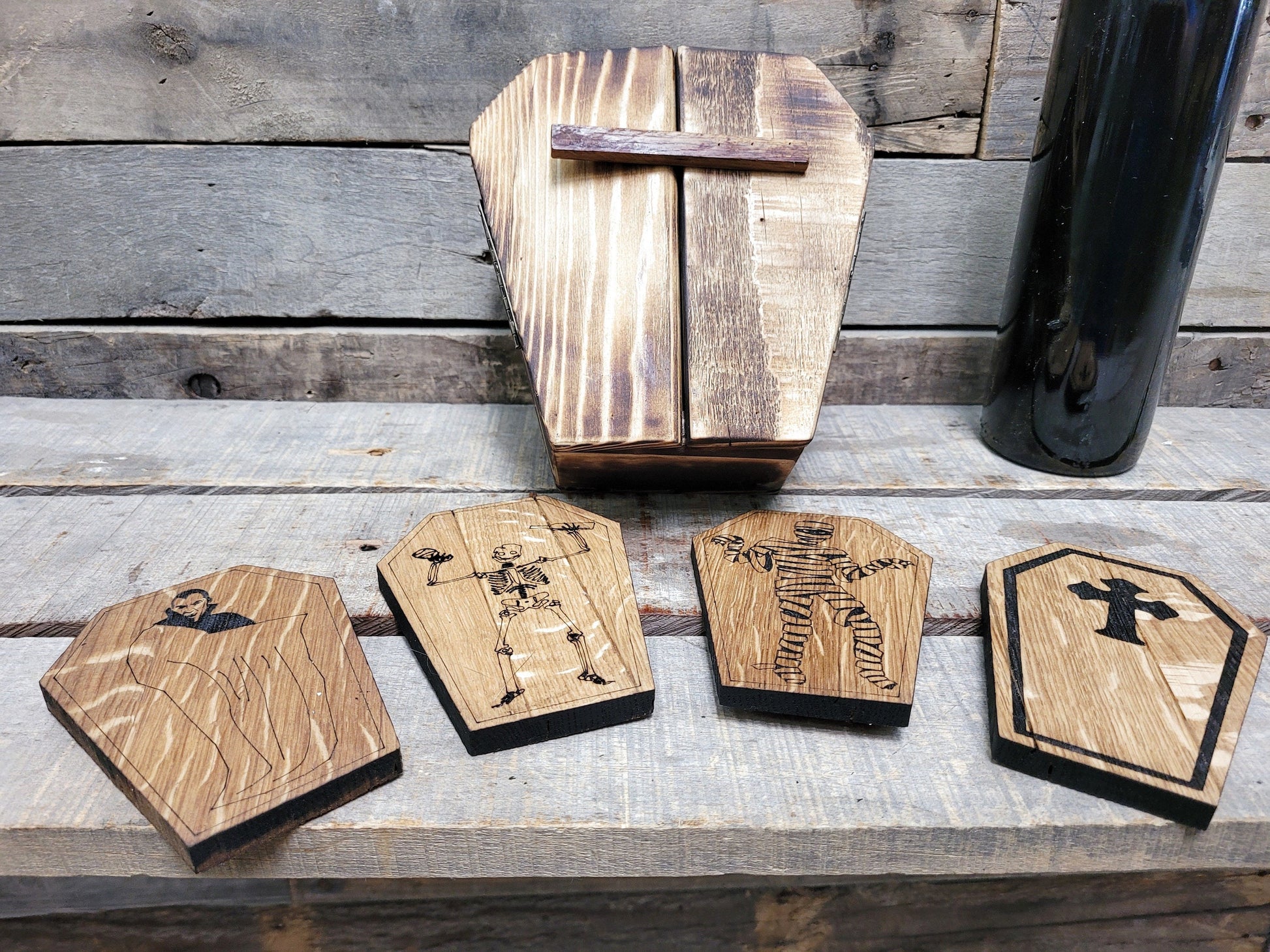 Halloween Wine Barrel Coasters - Coffin - Dracula - Mummy - Skeleton - Made from retired wine barrels - ROJO - 100% Recycled!