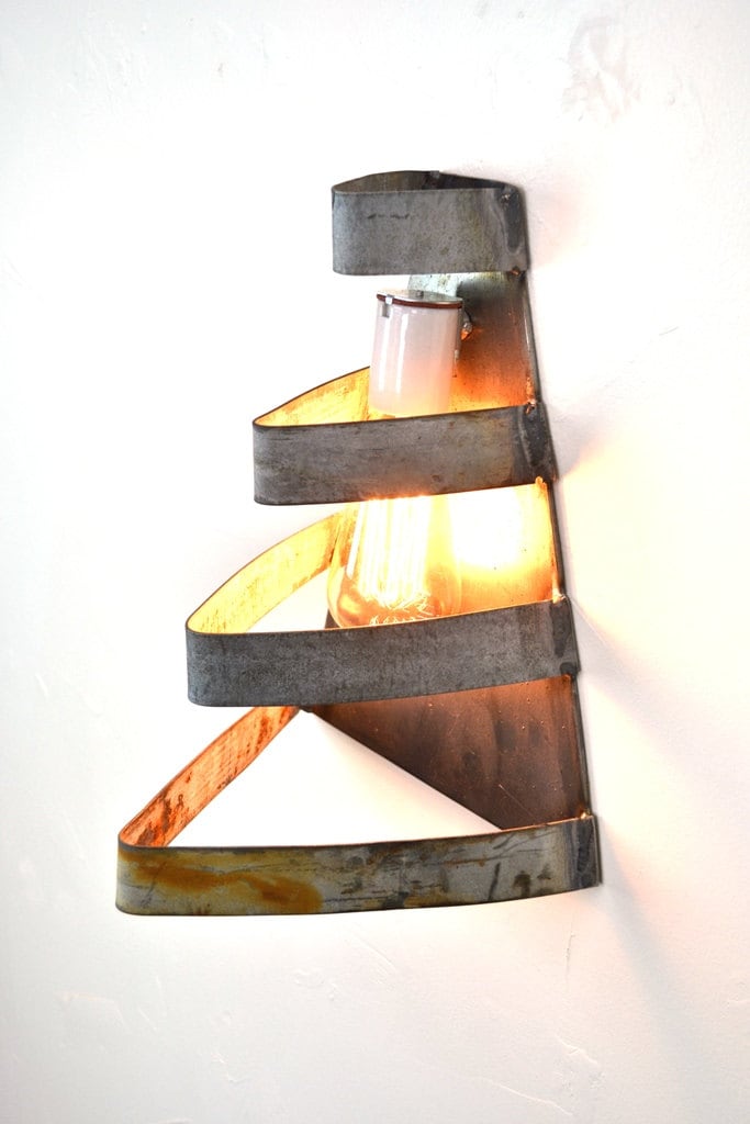 Wine Barrel Ring Wall Sconce - Right Angle - Made from retired California wine barrel rings. 100% Recycled!