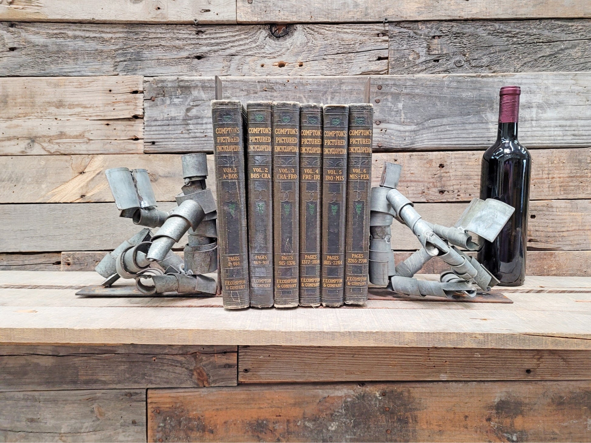 SALE Wine Bot Barrel Bookends - Relaxing with a Good Book - Made from retired CA wine barrel rings. 100% Recycled + Ready to Ship!