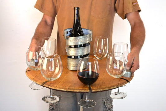 Wine Barrel Head Serving Tray - Maniti - French Oak & Steel Wine Bottle and 8 Glass Holder. 100% Recycled!