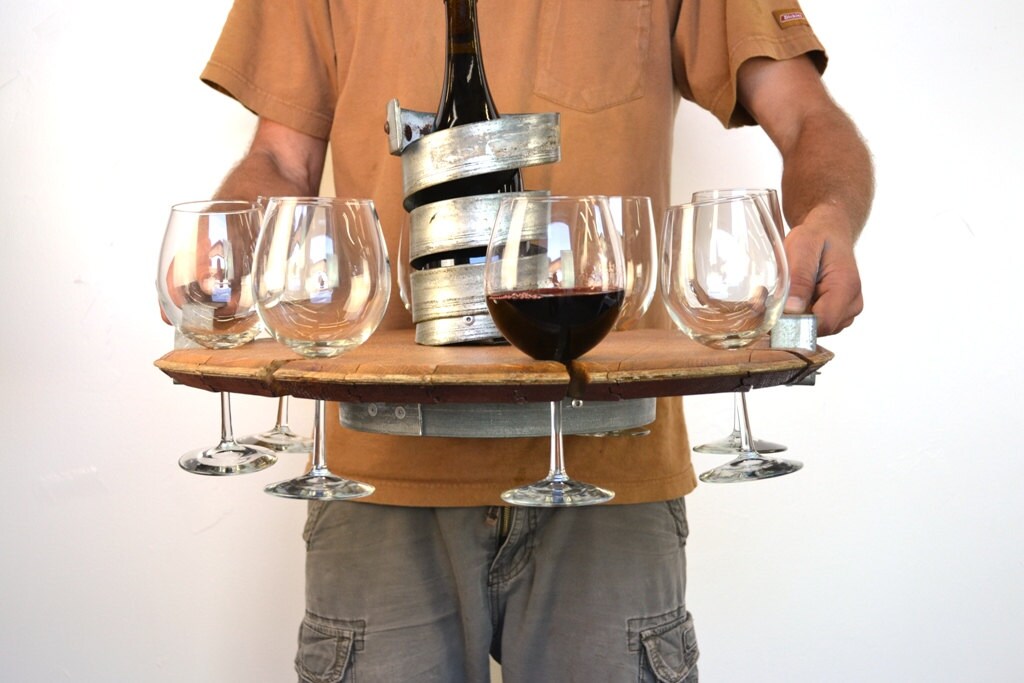 Wine Barrel Head Serving Tray - Maniti - French Oak & Steel Wine Bottle and 8 Glass Holder. 100% Recycled!