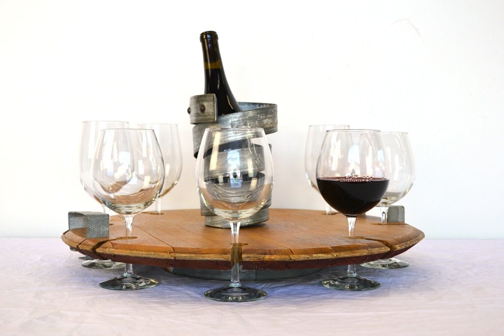 Wine Barrel Head Serving Tray - Maniti - French Oak & Steel Wine Bottle and 8 Glass Holder. 100% Recycled!