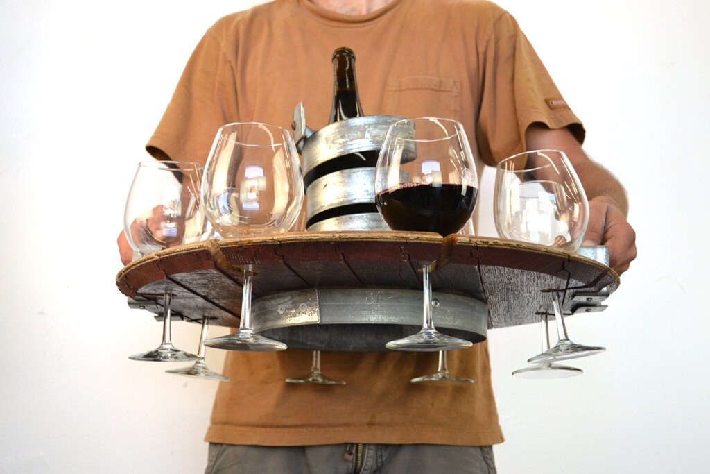 Wine Barrel Head Serving Tray - Maniti - French Oak & Steel Wine Bottle and 8 Glass Holder. 100% Recycled!