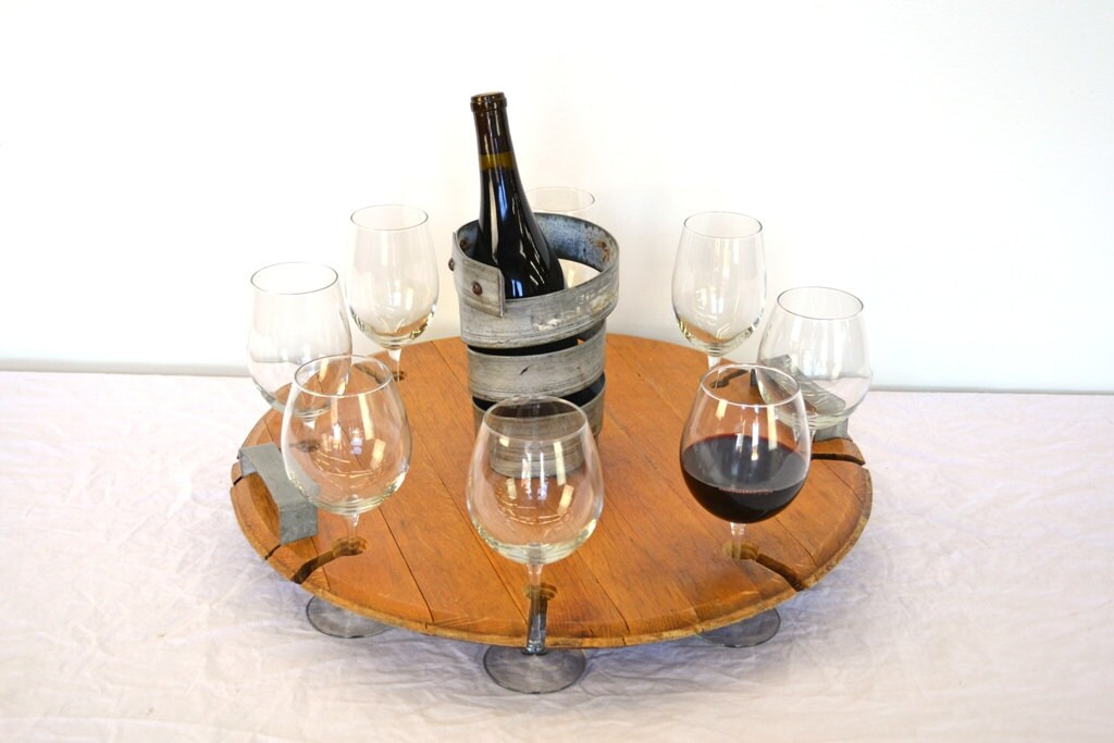 Wine Barrel Head Serving Tray - Maniti - French Oak & Steel Wine Bottle and 8 Glass Holder. 100% Recycled!