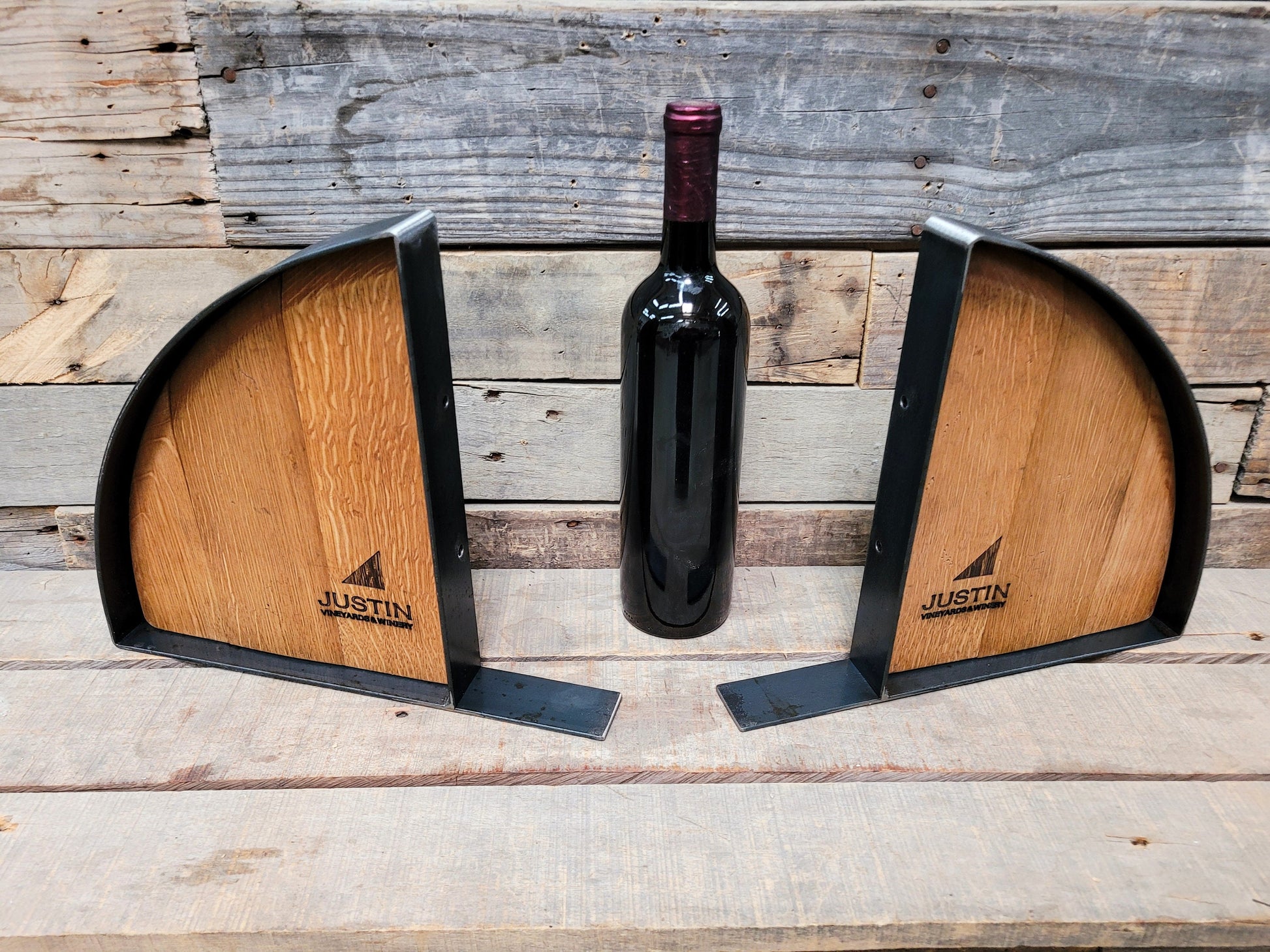 Wine Barrel Bookends with Customized Engraving or Winery Logo. 100% Recycled!
