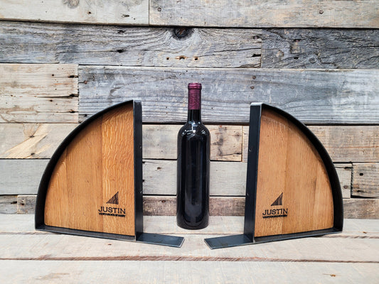 Wine Barrel Bookends with Customized Engraving or Winery Logo. 100% Recycled!