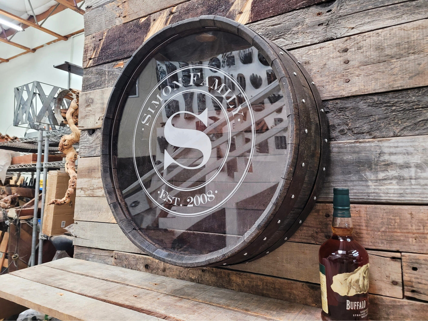 Whisky Wall Mounted Bottle + Cork Display - Kuvada - Retired Whiskey barrel with custom personalized engraving!