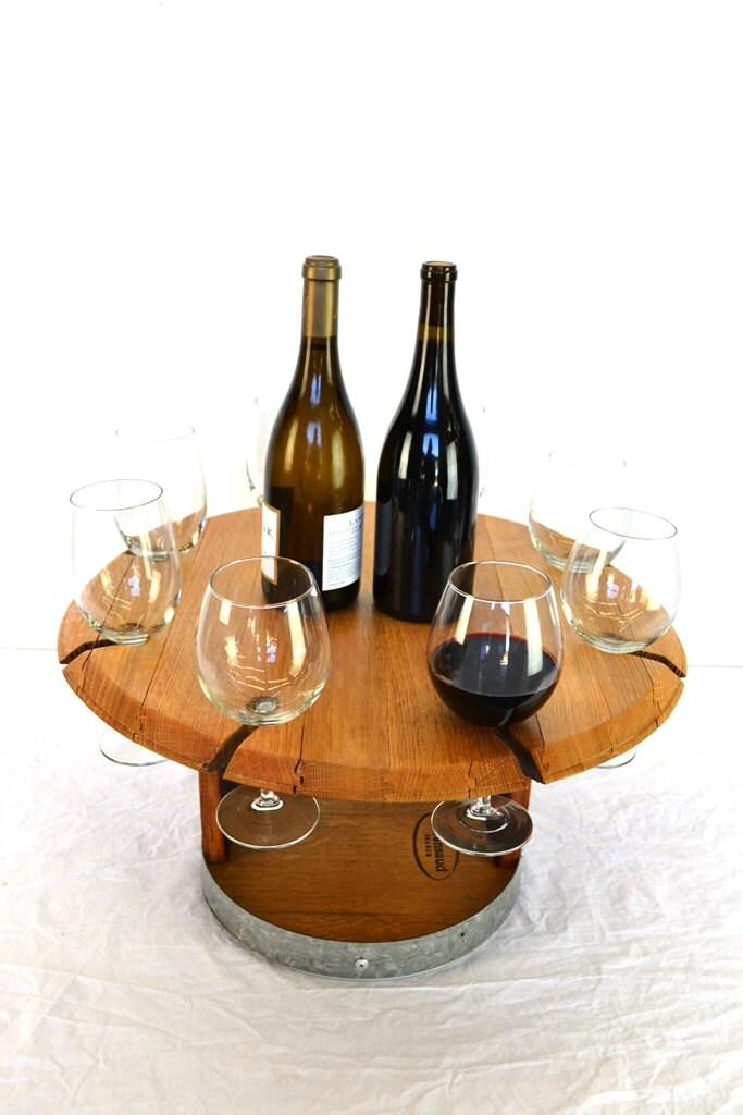 Wine Barrel Party Tray and Glass Holder - Vassio - French Oak Barrel Head Lazy Susan