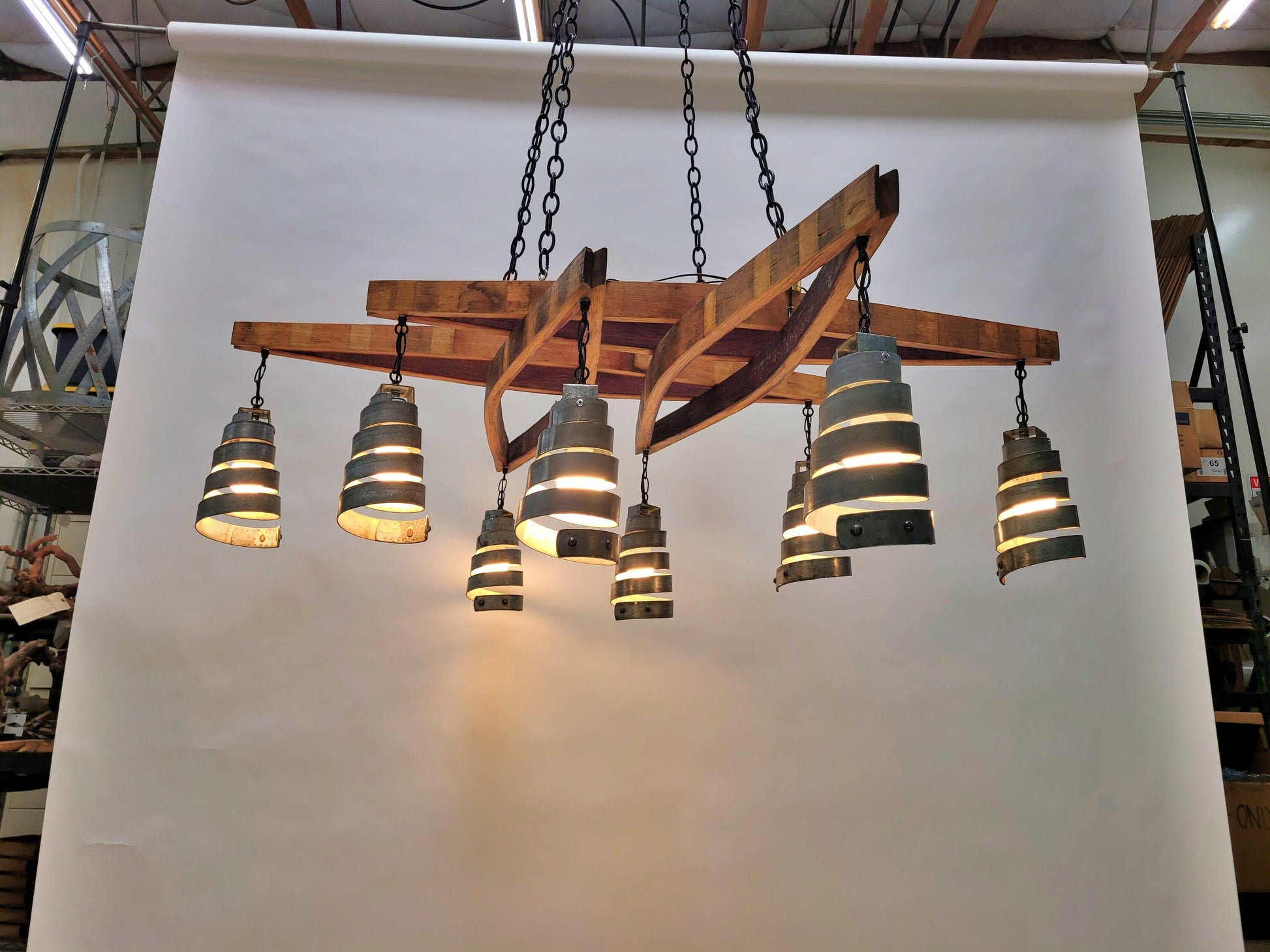 Wine Barrel Stave Chandelier - Cutat - Made from retired California Wine Barrels + Rings - 100% Recycled!