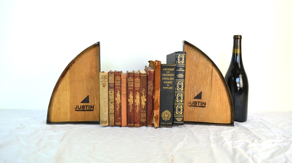 Wine Barrel Bookends with Customized Engraving or Winery Logo. 100% Recycled!