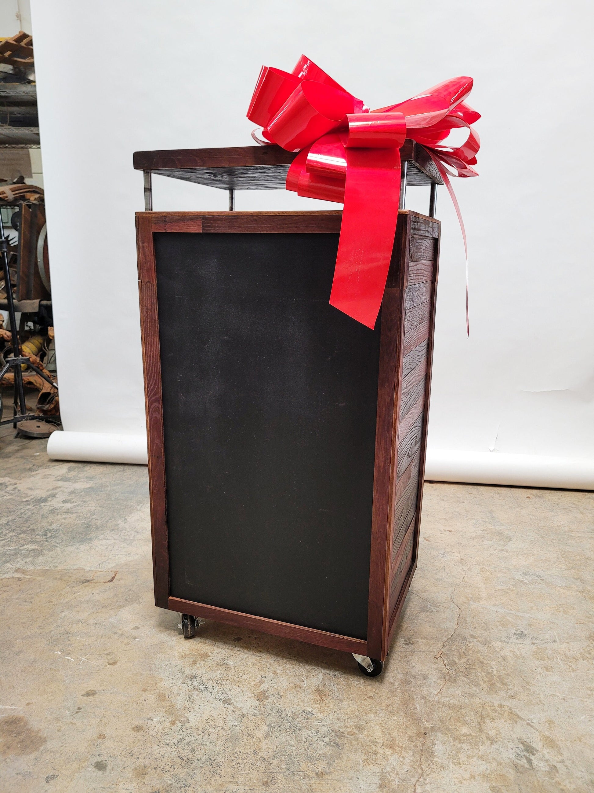 Hostess Stand POS Podium - Kursu - Made from retired CA wine barrels with chalkboard. 100% Recycled!