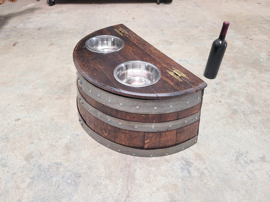 Wine Barrel Dog Feeder With Storage - INJA - elevated food and water station made from CA wine barrels. 100% Recycled!