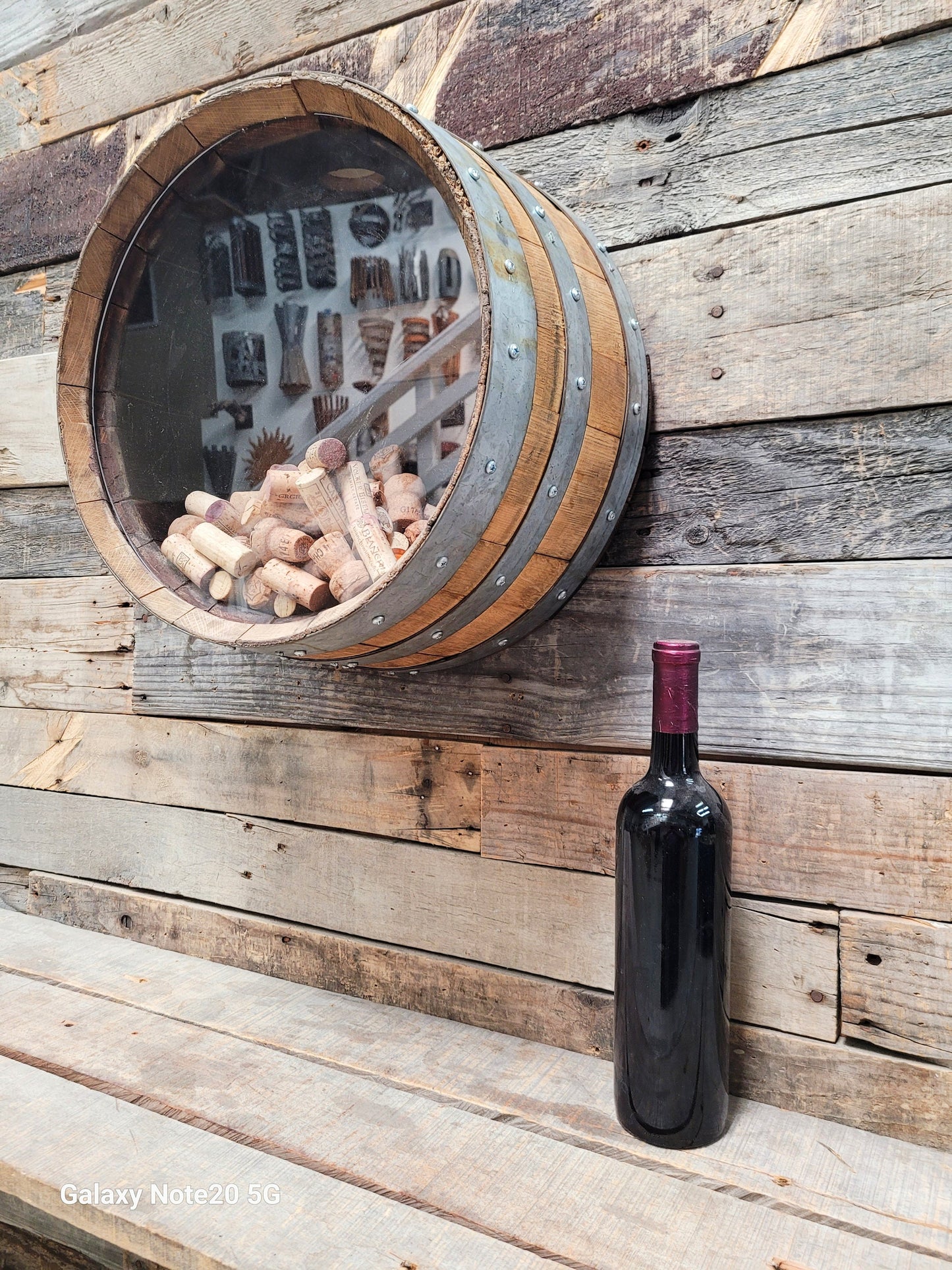 Wall Mounted Wine Bottle + Cork Display - MINI KALA - Retired Napa wine barrel with custom personalized engraving!