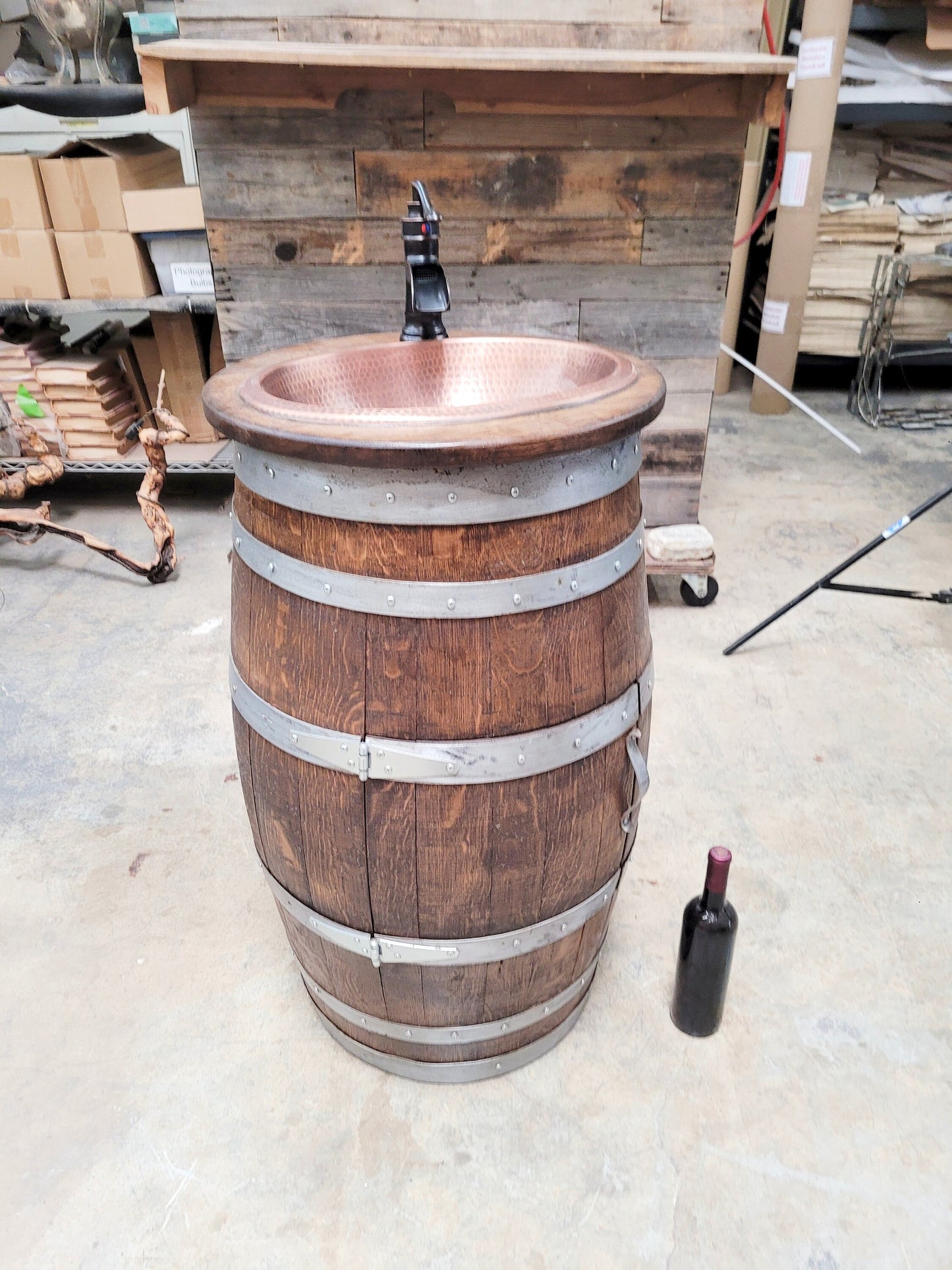 Narrow Wine Barrel Vanity with Hammered Copper Sink and Faucet - Mundis - made with retired Napa wine barrel 100% Recycled!