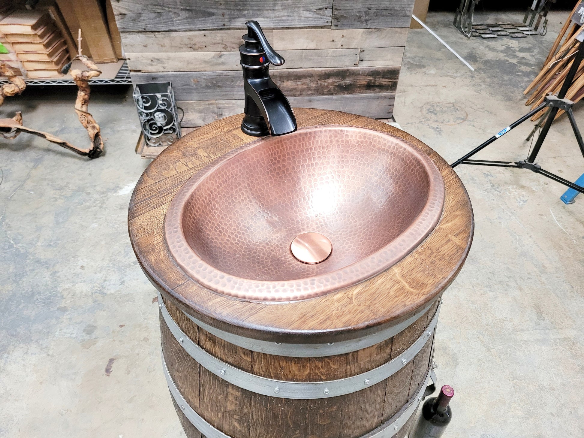 Narrow Wine Barrel Vanity with Hammered Copper Sink and Faucet - Mundis - made with retired Napa wine barrel 100% Recycled!