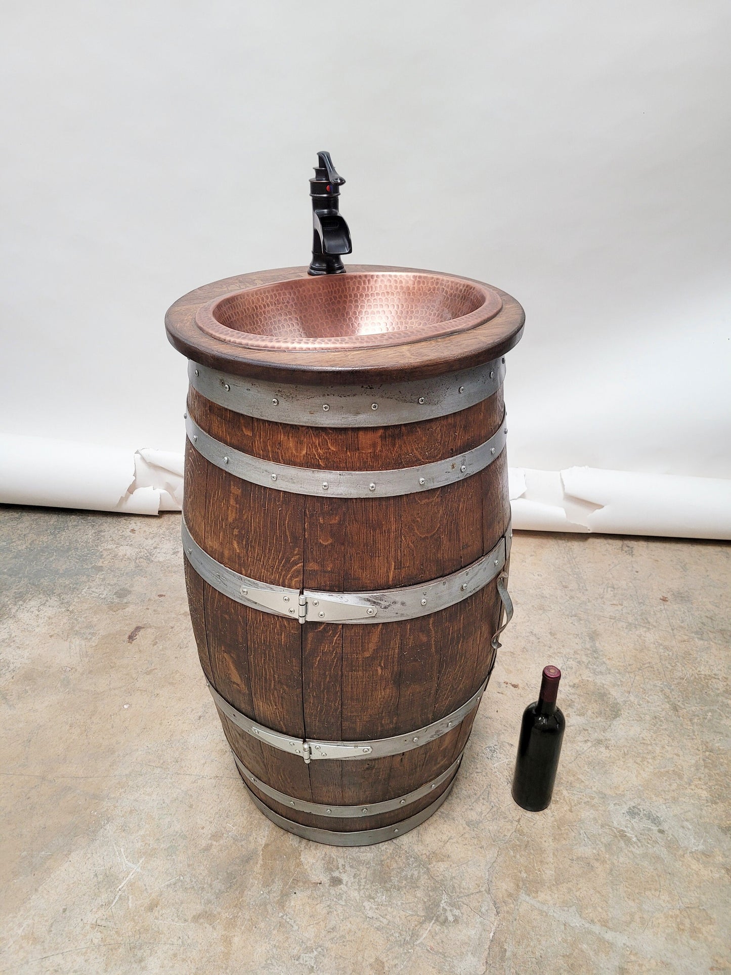 Narrow Wine Barrel Vanity with Hammered Copper Sink and Faucet - Mundis - made with retired Napa wine barrel 100% Recycled!