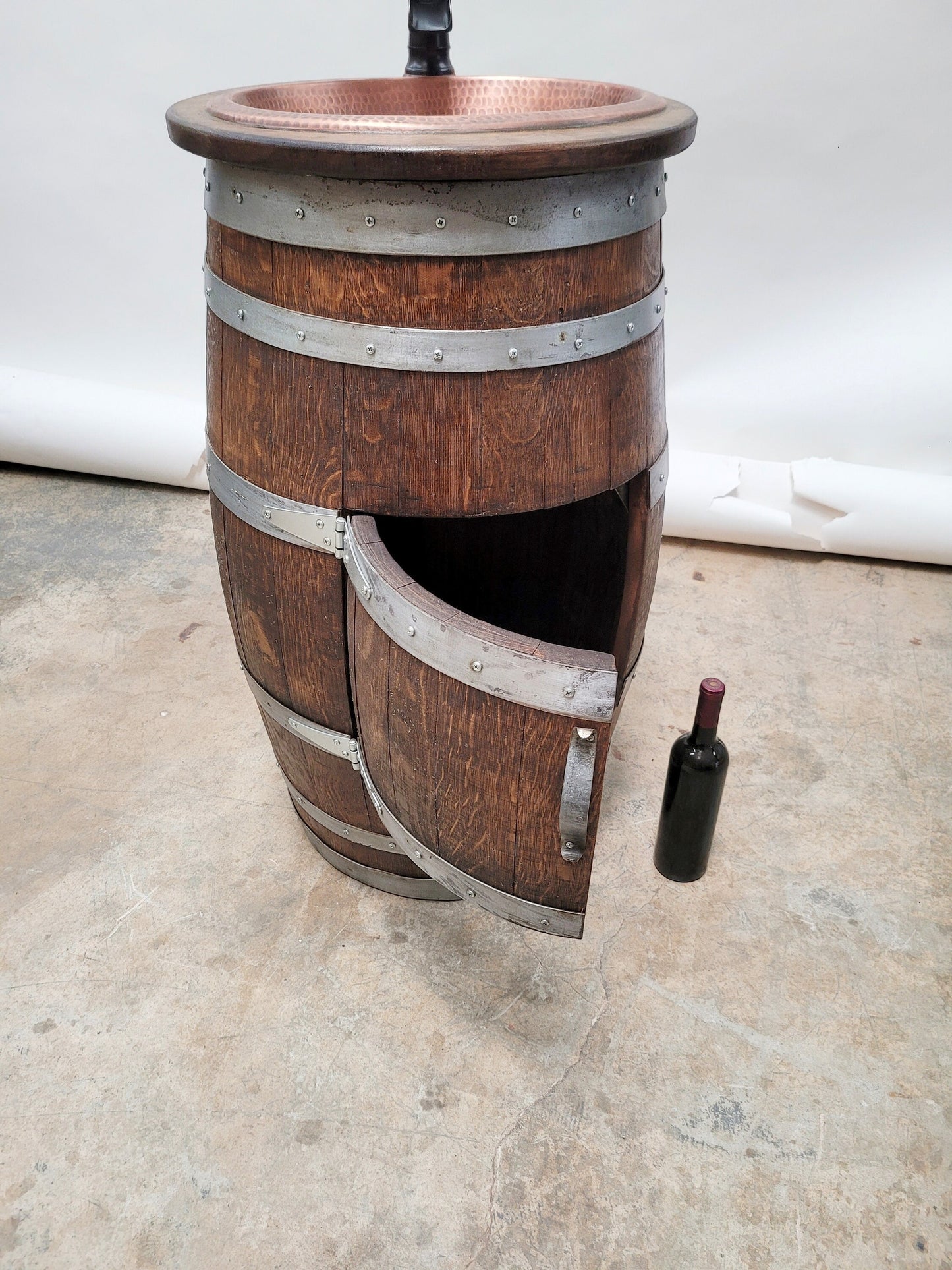 Narrow Wine Barrel Vanity with Hammered Copper Sink and Faucet - Mundis - made with retired Napa wine barrel 100% Recycled!