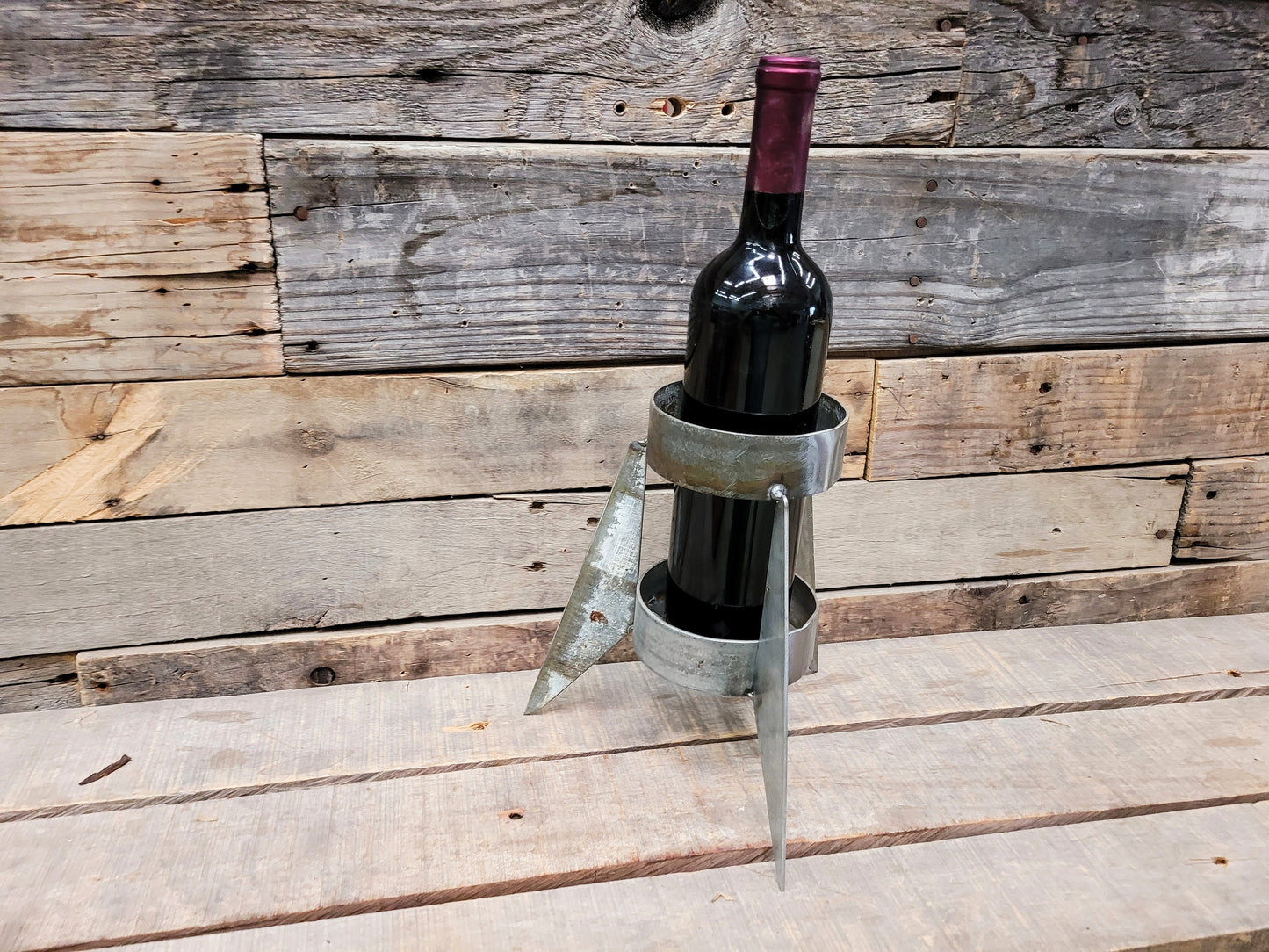Wine Barrel Ring Bottle Holder Display - ROKETI - Made from Retired California wine barrel rings - 100% Recycled!
