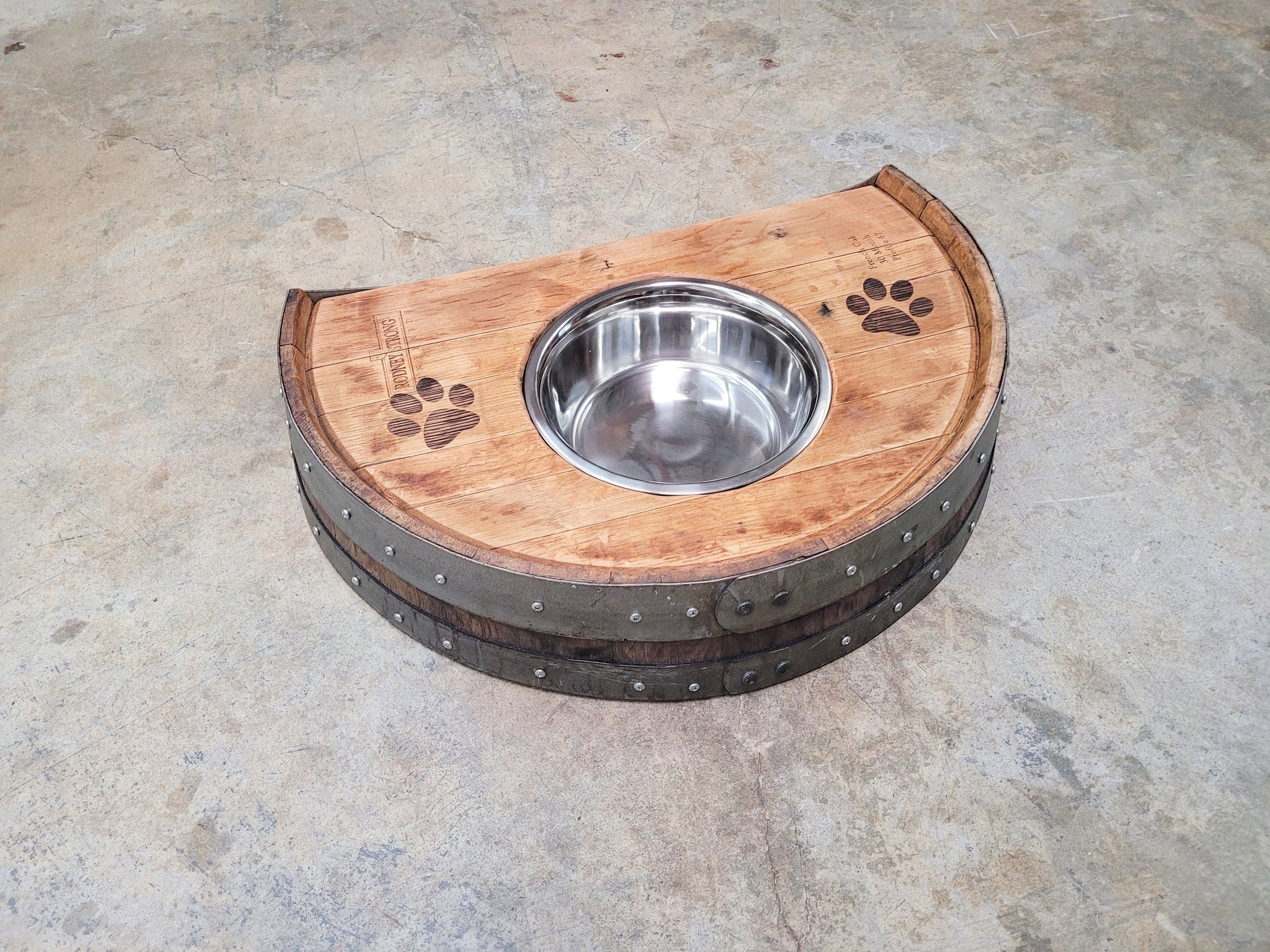 Wine Barrel Dog / Cat Raised Feeding Station Engraved -TAZON - elevated food + water station made from CA wine barrels. 100% Recycled!