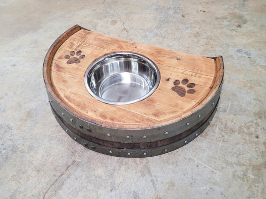 Wine Barrel Dog / Cat Raised Feeding Station Engraved -TAZON - elevated food + water station made from CA wine barrels. 100% Recycled!