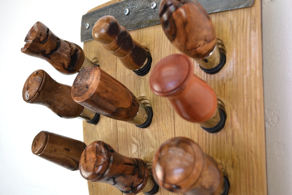 Wall Mounted Bottle Stopper Display - Nine Lives - Made from retired California wine barrels. 100% Recycled!