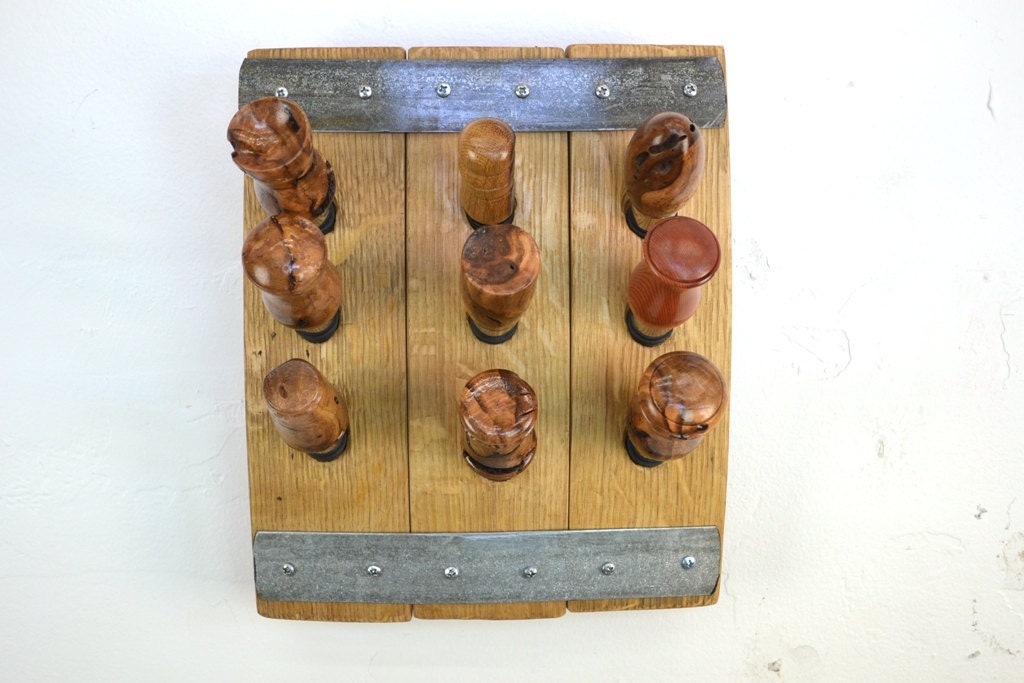 Wall Mounted Bottle Stopper Display - Nine Lives - Made from retired California wine barrels. 100% Recycled!