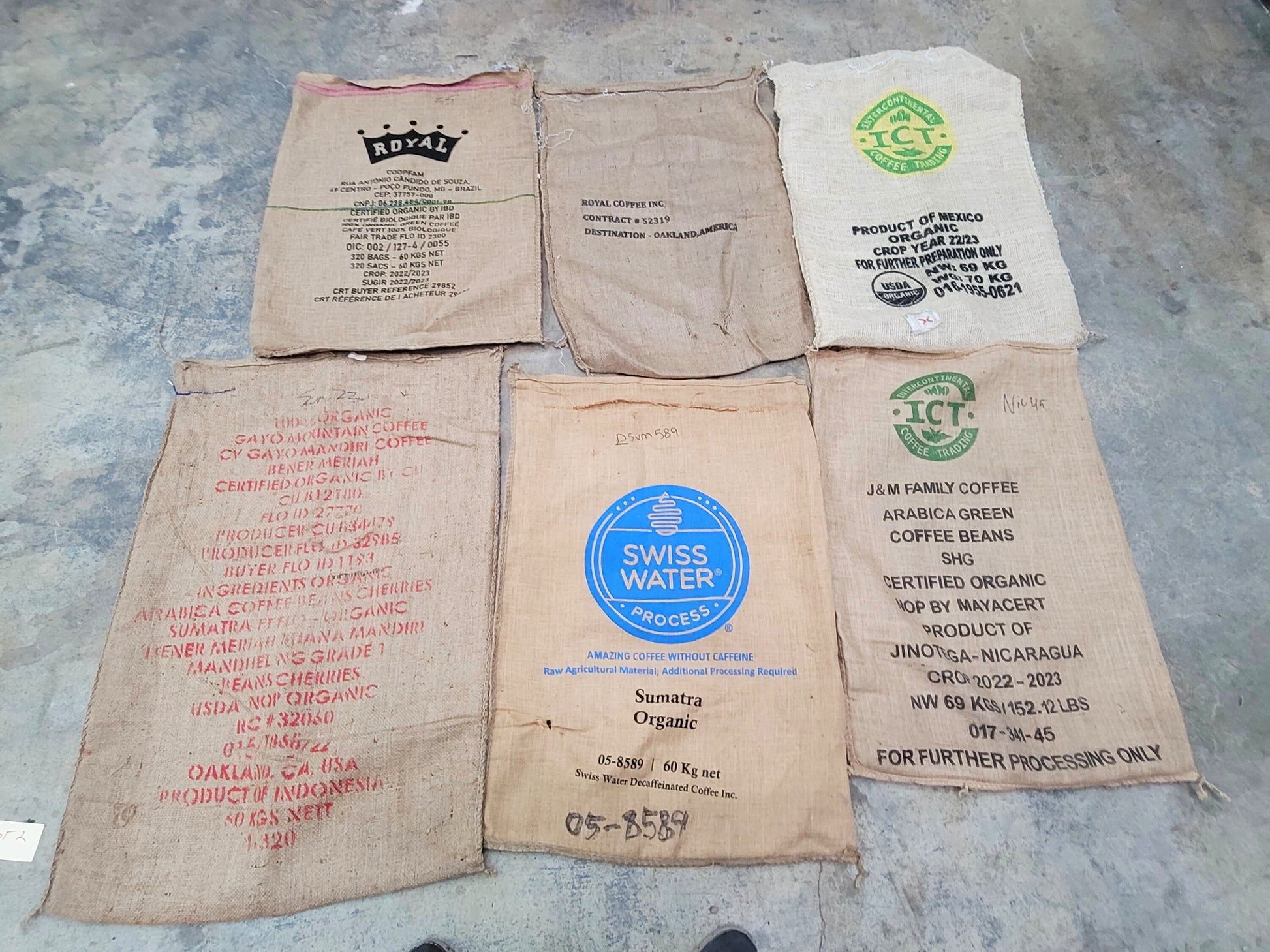 SALE Set of 6 Burlap Coffee bags 100% Recycled + Ready to Ship! LOT 2