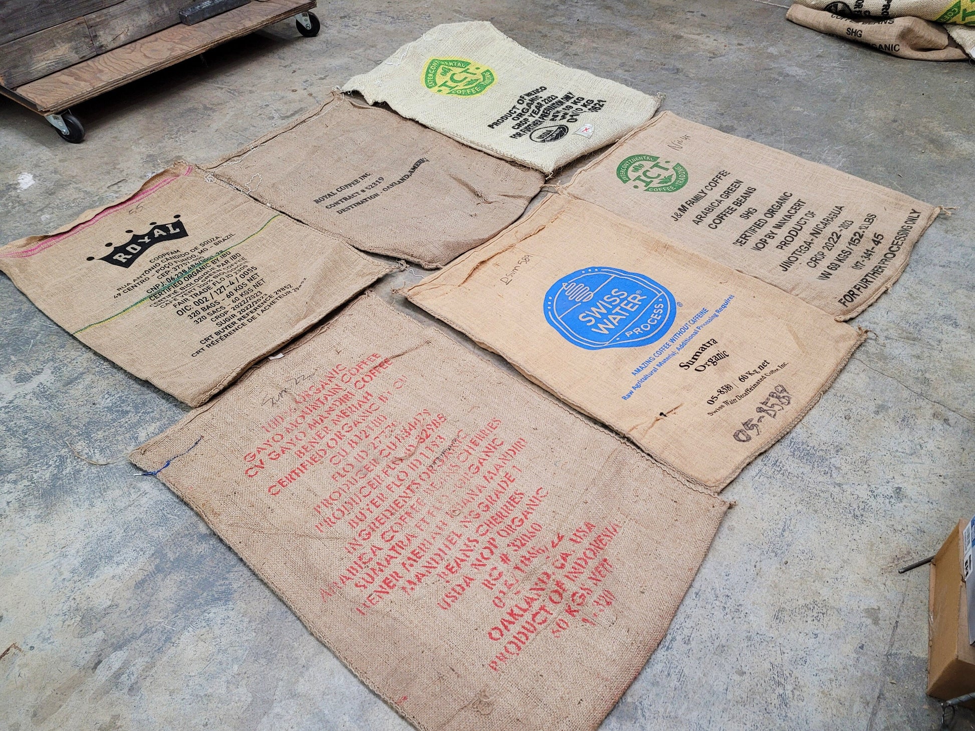 SALE Set of 6 Burlap Coffee bags 100% Recycled + Ready to Ship! LOT 2