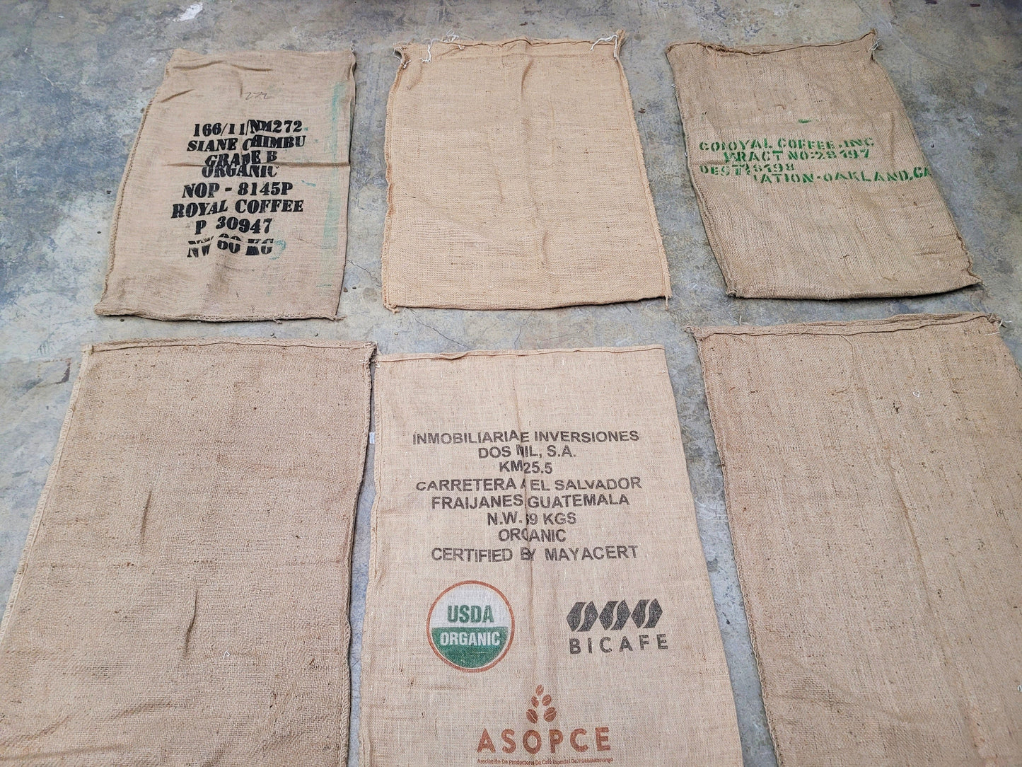 SALE Set of 6 Burlap Coffee bags 100% Recycled + Ready to Ship! LOT 4