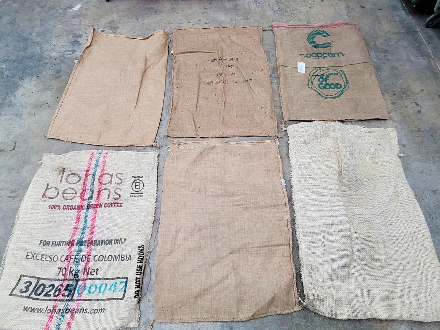 SALE Set of 6 Burlap Coffee bags 100% Recycled + Ready to Ship! LOT 5