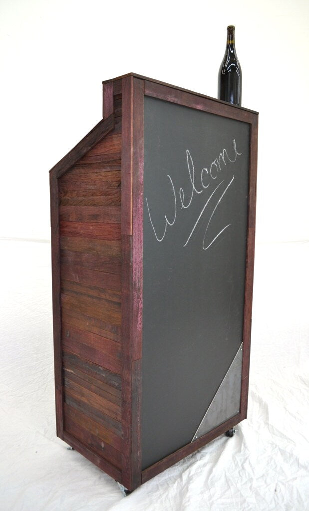 Hostess Stand Lectern POS - Leggio - made from reclaimed California oak wine barrels with chalkboard. 100% Recycled!