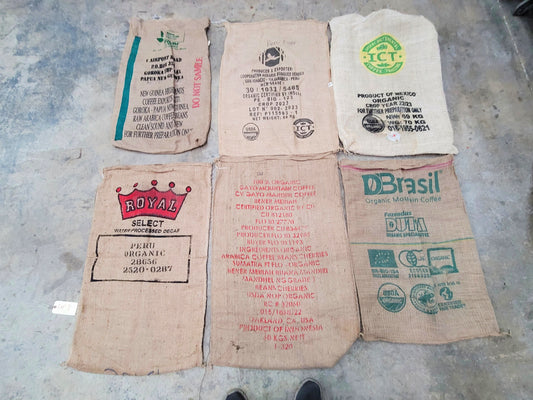 SALE Set of 6 Burlap Coffee bags 100% Recycled + Ready to Ship! LOT 3