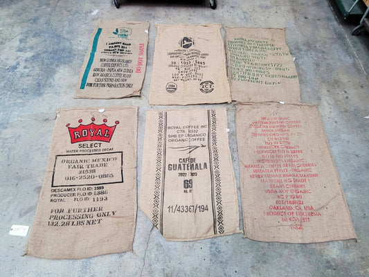 SALE Set of 6 Burlap Coffee bags 100% Recycled + Ready to Ship! LOT 4