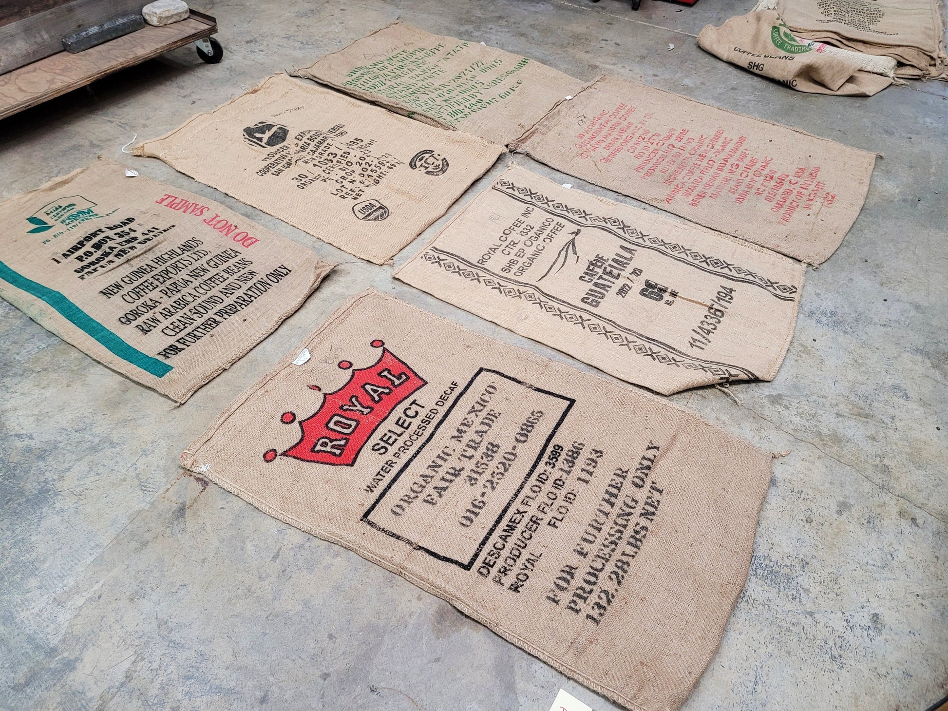 SALE Set of 6 Burlap Coffee bags 100% Recycled + Ready to Ship! LOT 4