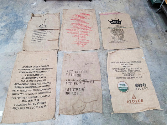 SALE Set of 6 Burlap Coffee bags 100% Recycled + Ready to Ship! LOT 6