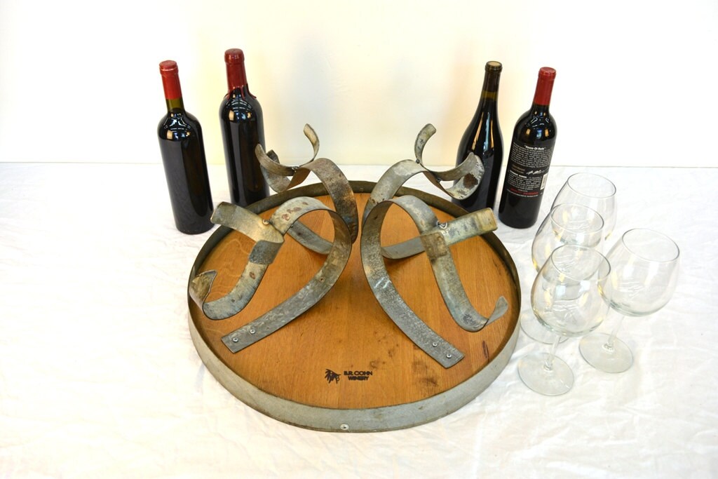 Wine Bottle Display and Caddy - Tarto - Reclaimed Steel and Wine Barrel Wood Stand