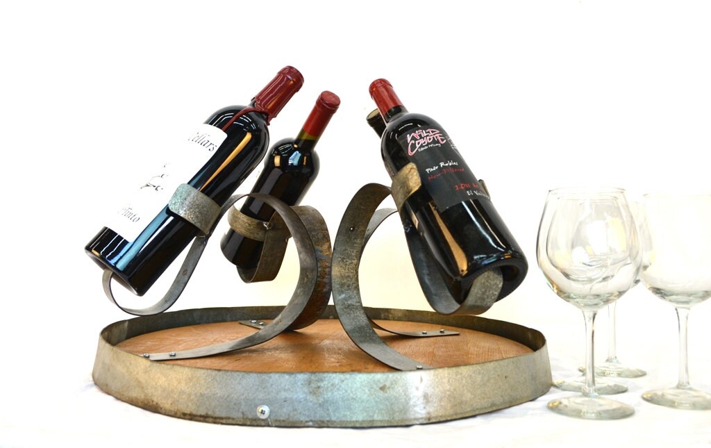 Wine Bottle Display and Caddy - Tarto - Reclaimed Steel and Wine Barrel Wood Stand