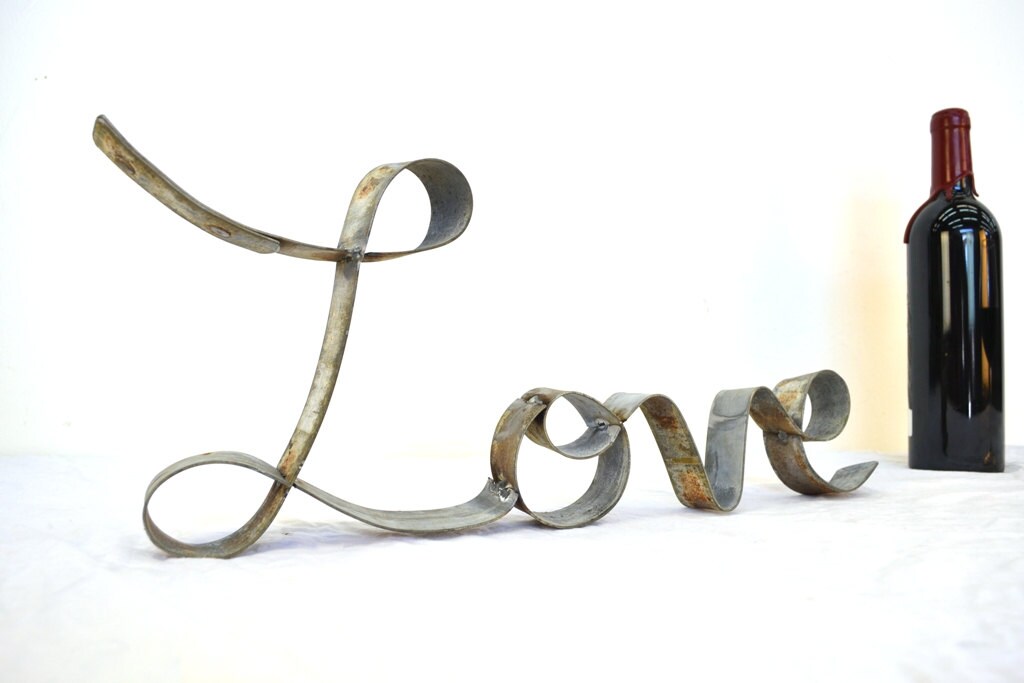 Barrel Ring Wall Art - Cursive Love - Made from retired California wine barrel rings. 100% Recycled!