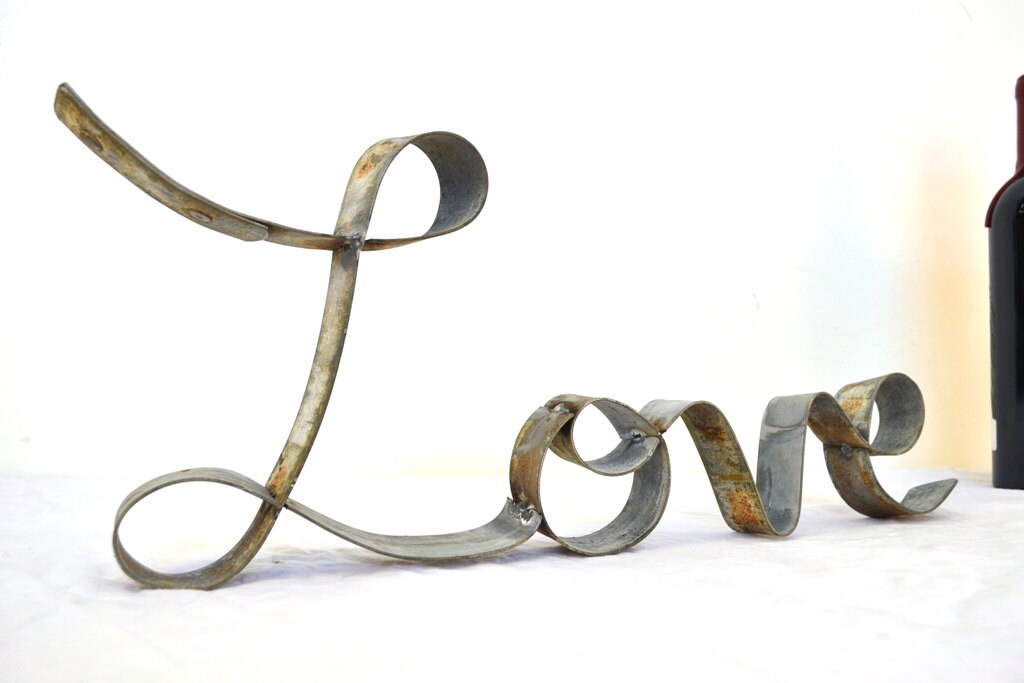 Barrel Ring Wall Art - Cursive Love - Made from retired California wine barrel rings. 100% Recycled!