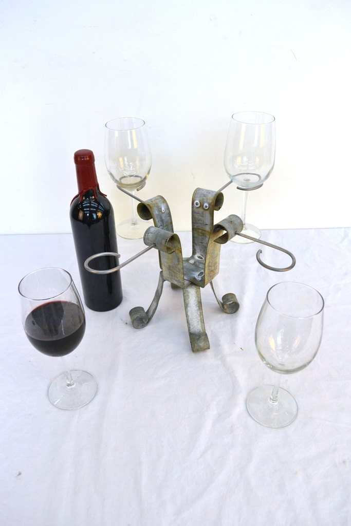 Wine Bottle and Glass server - Quattro - Retired Napa Wine Barrel Table Top Bottle and Glass Holder