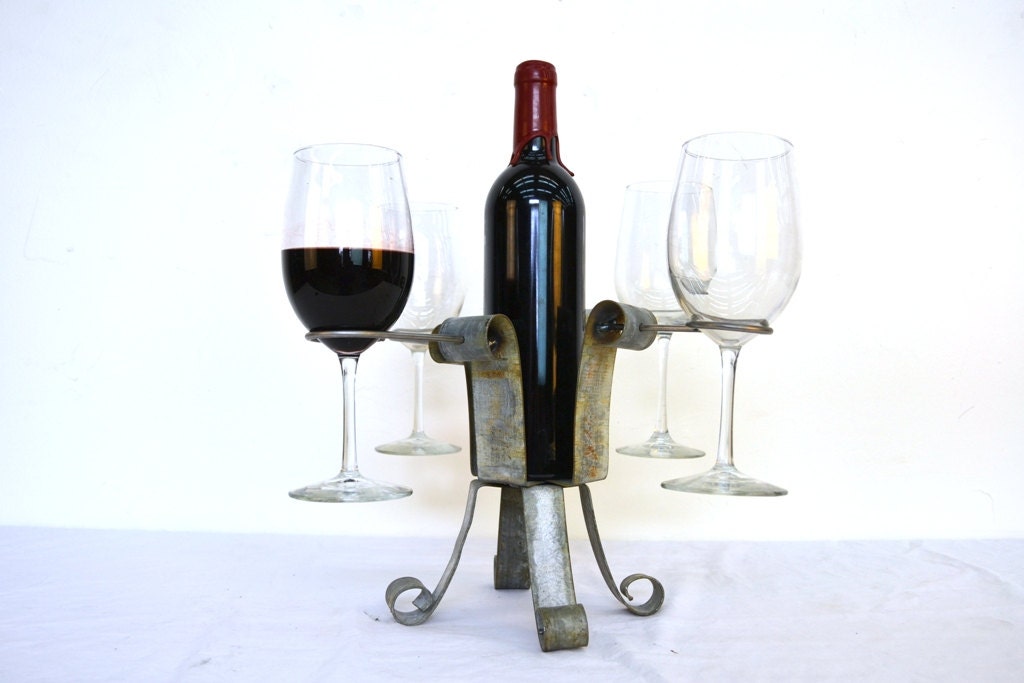 Wine Bottle and Glass server - Quattro - Retired Napa Wine Barrel Table Top Bottle and Glass Holder