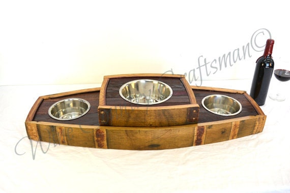 Wine Barrel Stave Food and Water Elevated Feeding Stand - Bowser - Retired California wine barrel oak 100% Recycled!