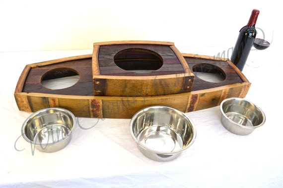 Wine Barrel Stave Food and Water Elevated Feeding Stand - Bowser - Retired California wine barrel oak 100% Recycled!
