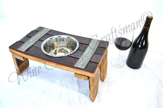 Wine Barrel Elevated Dog Food and Water Bowl Stand - Guigna - Made from retired Barrels. 100% Recycled!