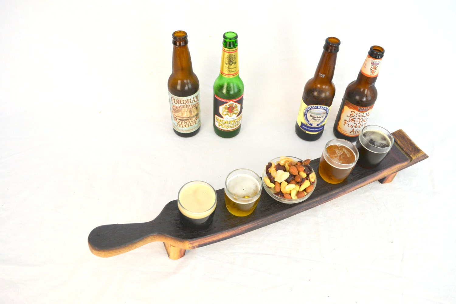 Barrel Stave Beer Flight with 4 Glasses Snack Bowl - Big Domo - Made from retired California wine barrels. 100% Recycled!