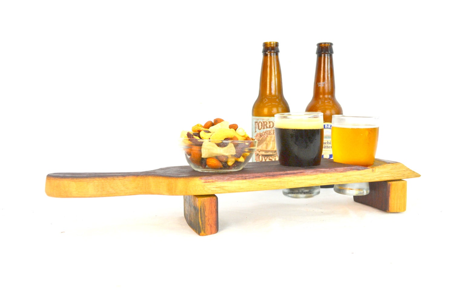 Barrel Stave Beer Flight with Snack Bowl and 2 Glasses - Domo - made from retired CA wine barrels 100% Recycled!
