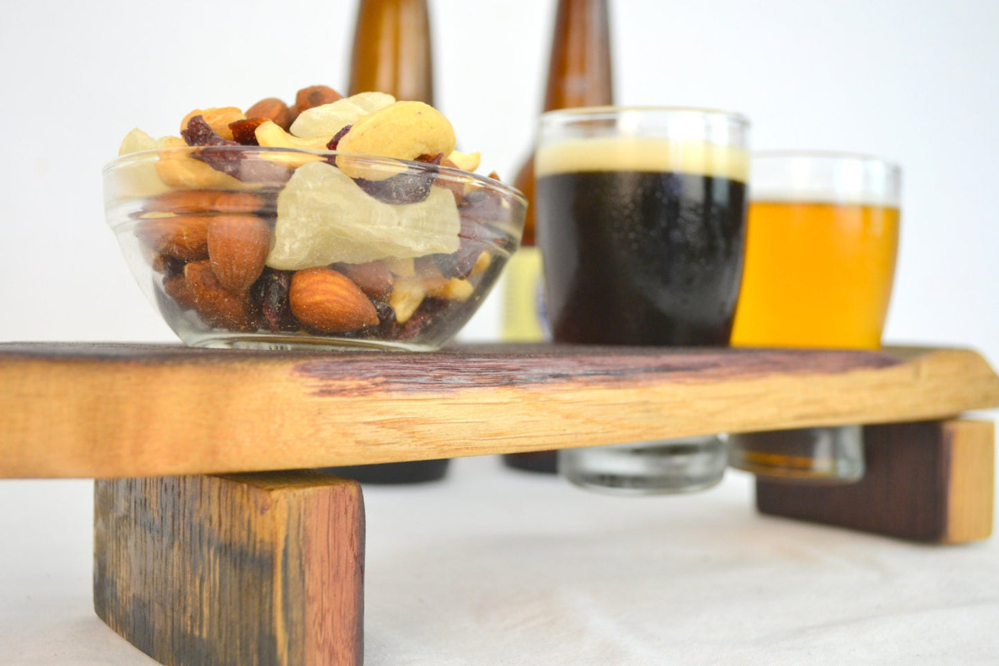 Barrel Stave Beer Flight with Snack Bowl and 2 Glasses - Domo - made from retired CA wine barrels 100% Recycled!
