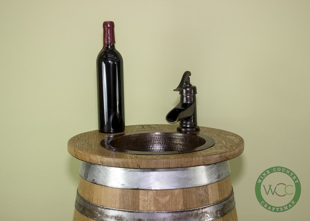 Narrow Wine Barrel Vanity with Hammered Copper Sink and Faucet - Mundis - made with retired Napa wine barrel 100% Recycled!