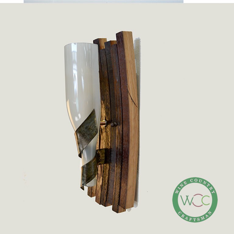 Wine Barrel Stave & Bottle Sconce - Opulent - Made from reclaimed CA wine barrels and bottles - 100% Recycled